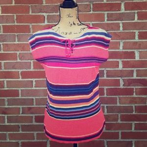 NWT Chaps Lace Up Neck Striped Top Size Small